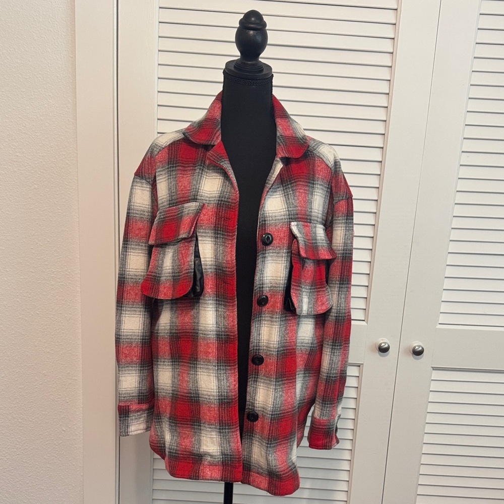 LA MIEL Red and White Plaid Utility Jacket